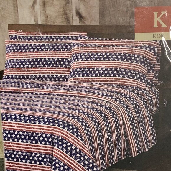 Mossy Oak Patriotic 6 Pc Sheet Set King Stars & Stripes Red White Blue NIP New - Picture 3 of 5